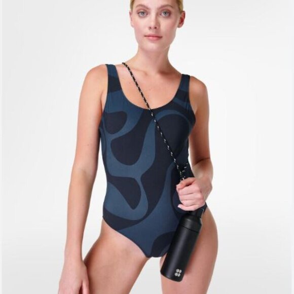 Sweaty Betty Tidal Xtra Life Blue Water Marble Print One Piece Swimsuit Small - Picture 1 of 8